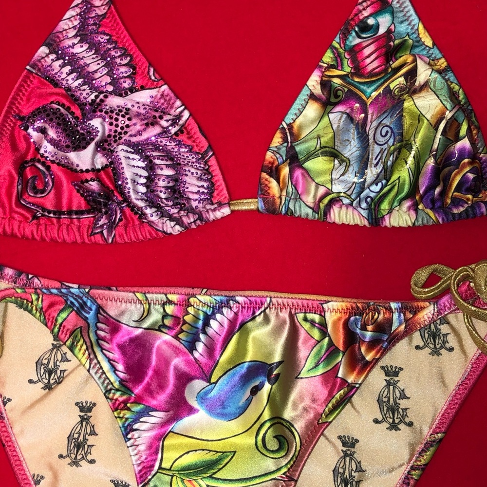 New Rare! Christian Audigier Ed Hardy Pink Crystal Tattoo Bikini fits S M L